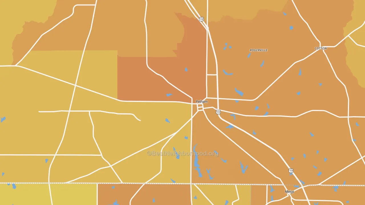 Map of the best neighborhoods in the 31779 area, with better matches in green and worse matches in red