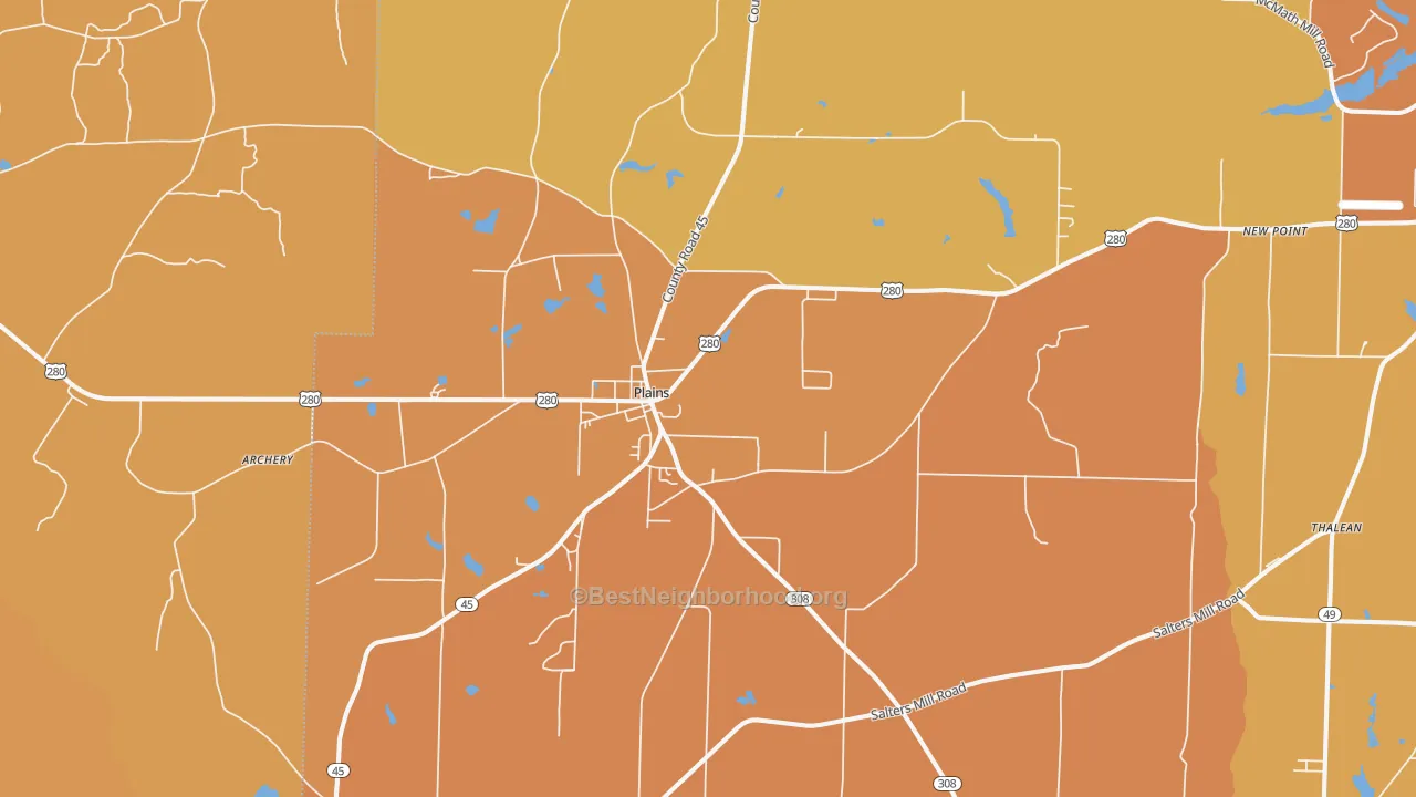 Map of the best neighborhoods in the 31780 area, with better matches in green and worse matches in red