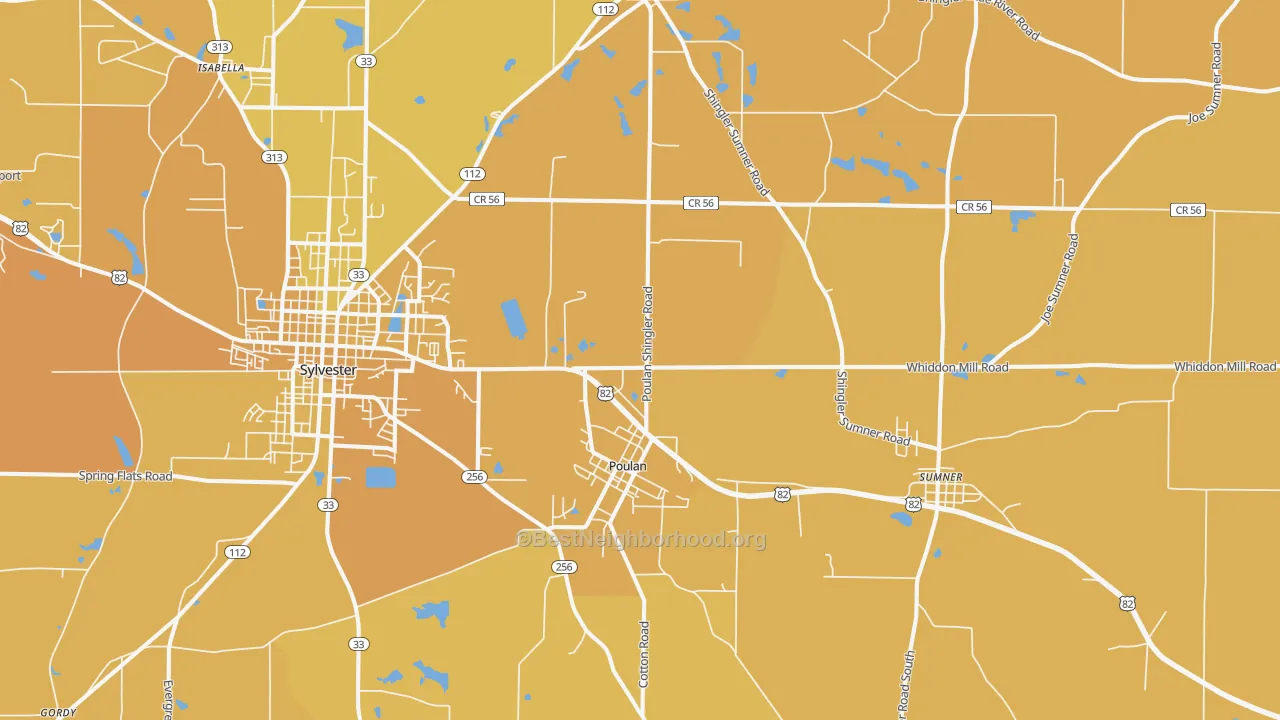 Map of the best neighborhoods in the 31781 area, with better matches in green and worse matches in red