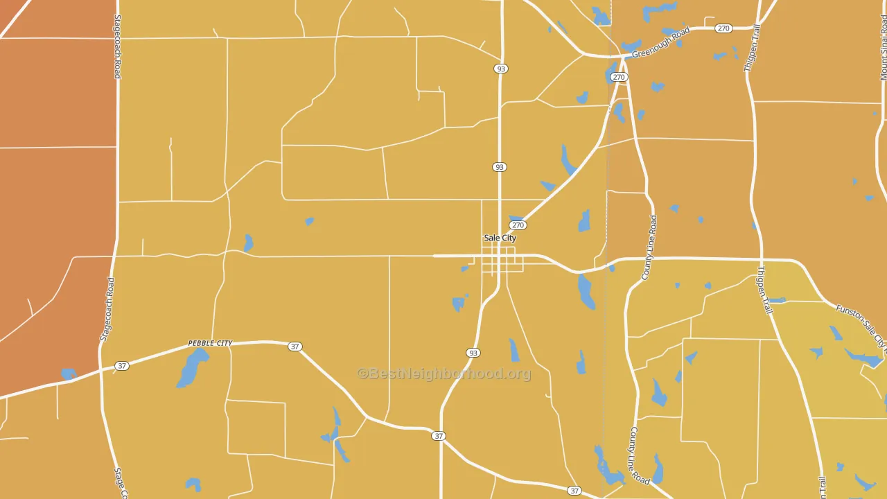 Map of the best neighborhoods in the 31784 area, with better matches in green and worse matches in red