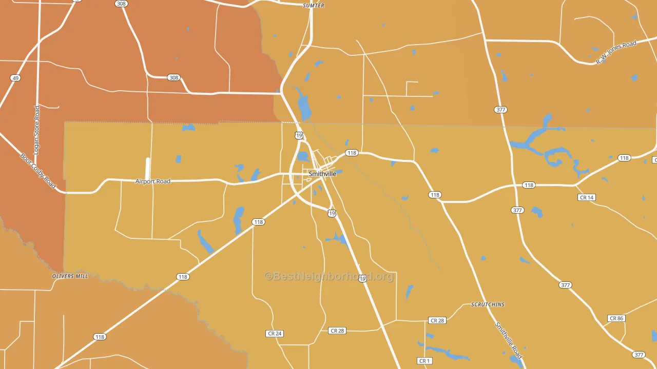 Map of the best neighborhoods in the 31787 area, with better matches in green and worse matches in red