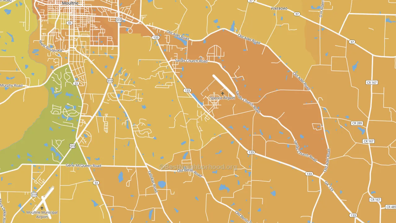 Map of the best neighborhoods in the 31788 area, with better matches in green and worse matches in red
