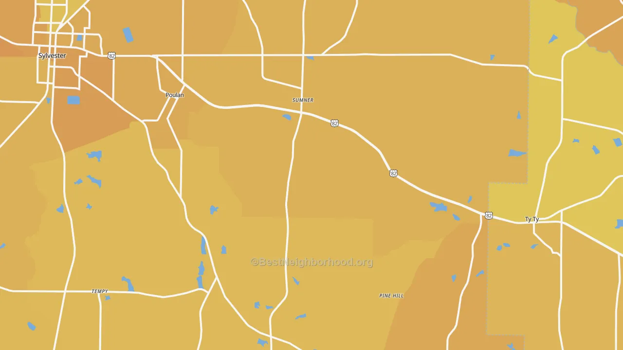Map of the best neighborhoods in the 31789 area, with better matches in green and worse matches in red