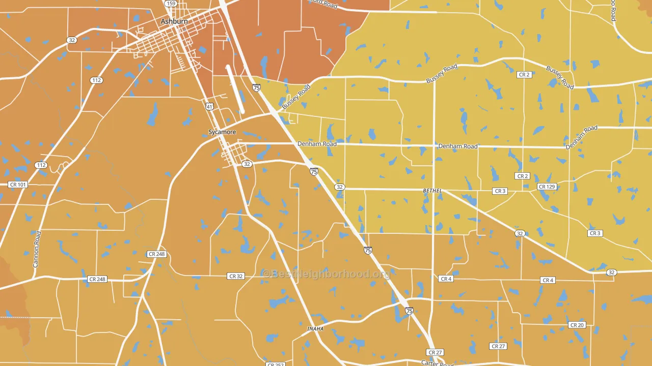Map of the best neighborhoods in the 31790 area, with better matches in green and worse matches in red
