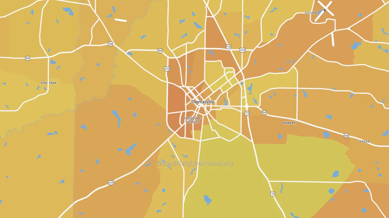 Map of the best neighborhoods in the 31792 area, with better matches in green and worse matches in red