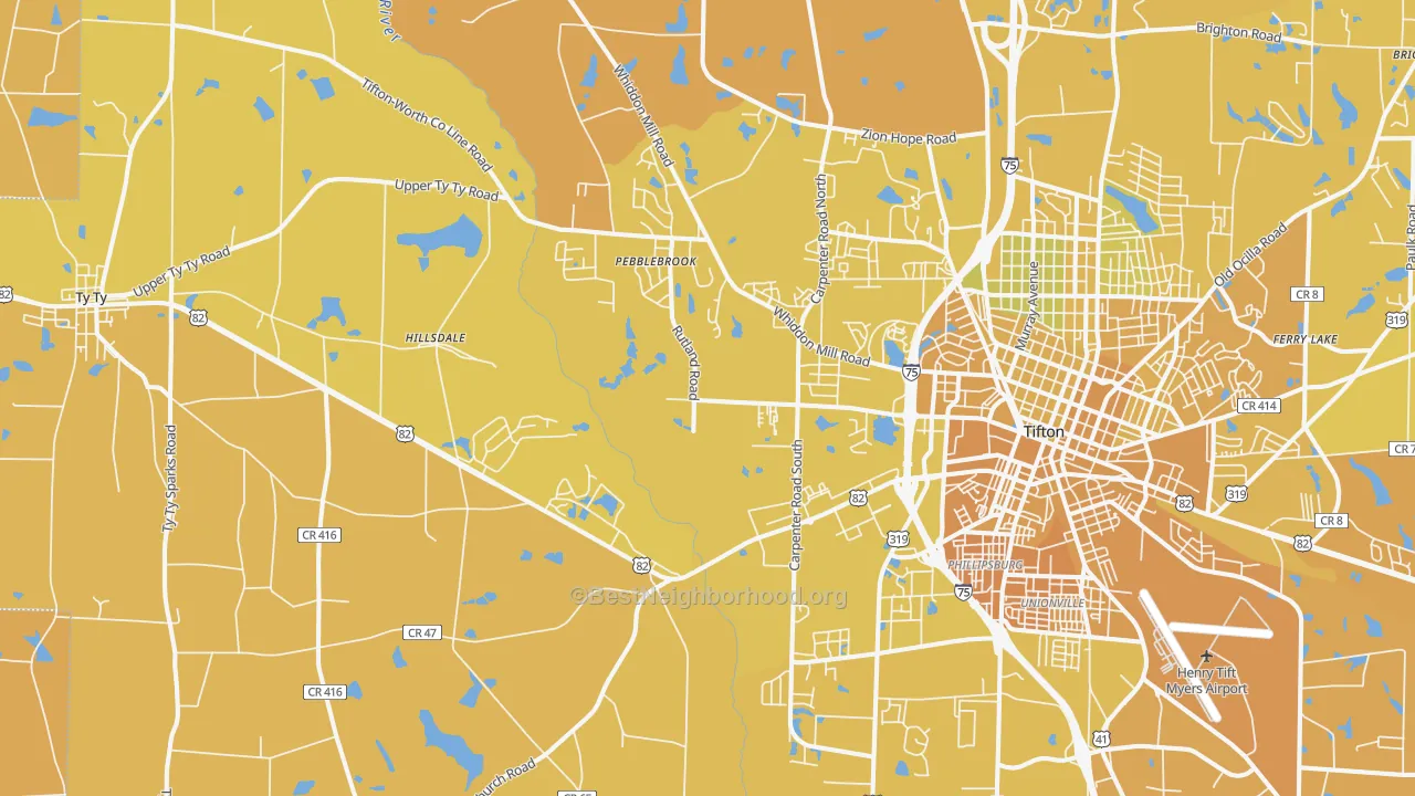 Map of the best neighborhoods in the 31793 area, with better matches in green and worse matches in red