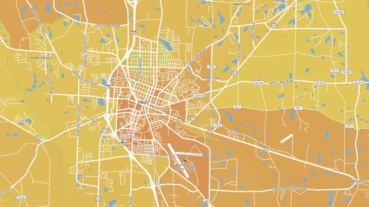 Map of the best neighborhoods in the 31794 area, with better matches in green and worse matches in red