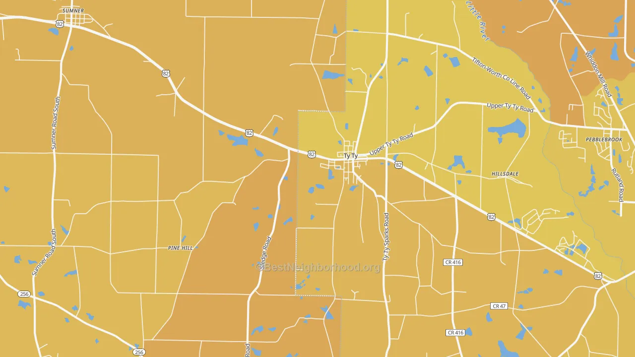 Map of the best neighborhoods in the 31795 area, with better matches in green and worse matches in red