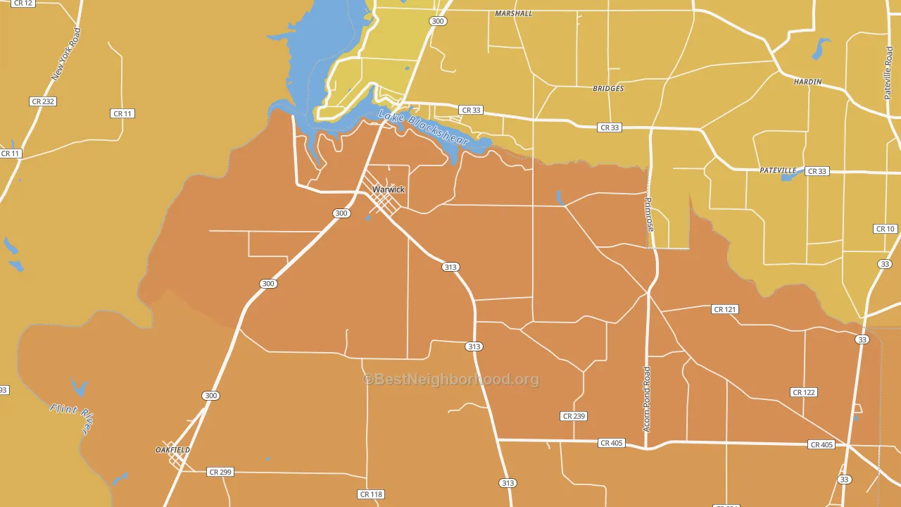 Map of the best neighborhoods in the 31796 area, with better matches in green and worse matches in red
