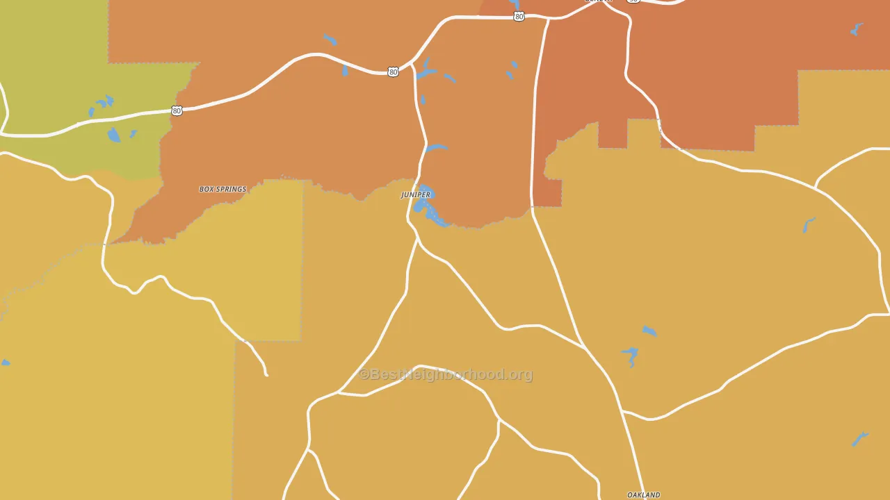 Map of the best neighborhoods in the 31801 area, with better matches in green and worse matches in red