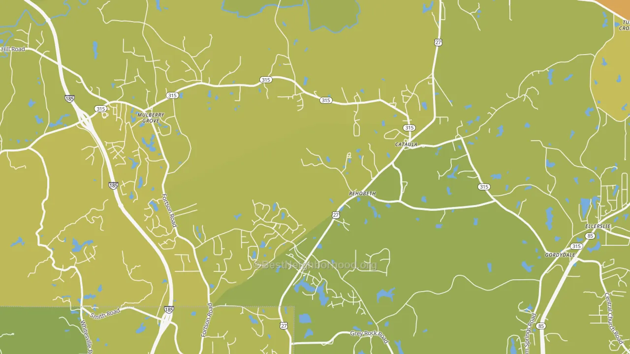Map of the best neighborhoods in the 31804 area, with better matches in green and worse matches in red