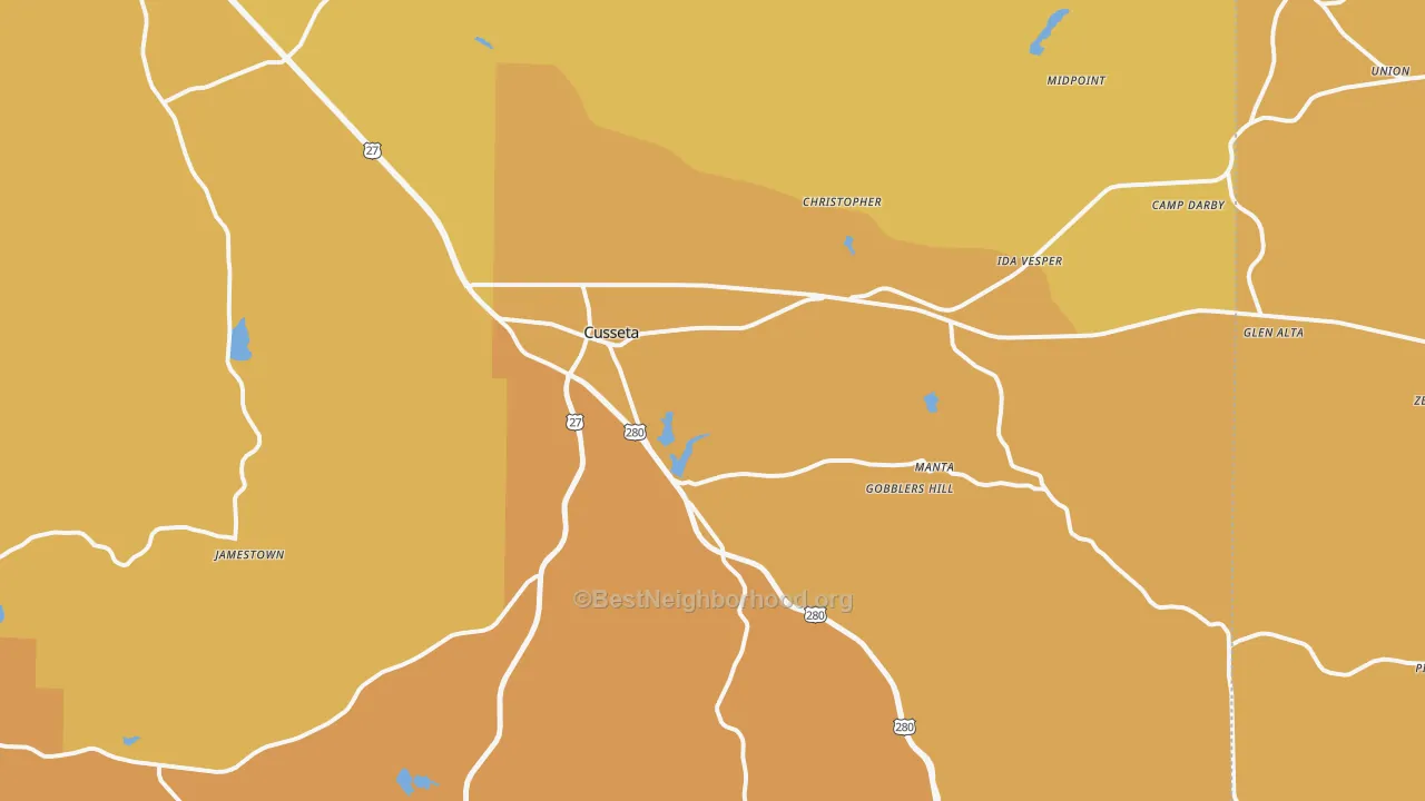 Map of the best neighborhoods in the 31805 area, with better matches in green and worse matches in red