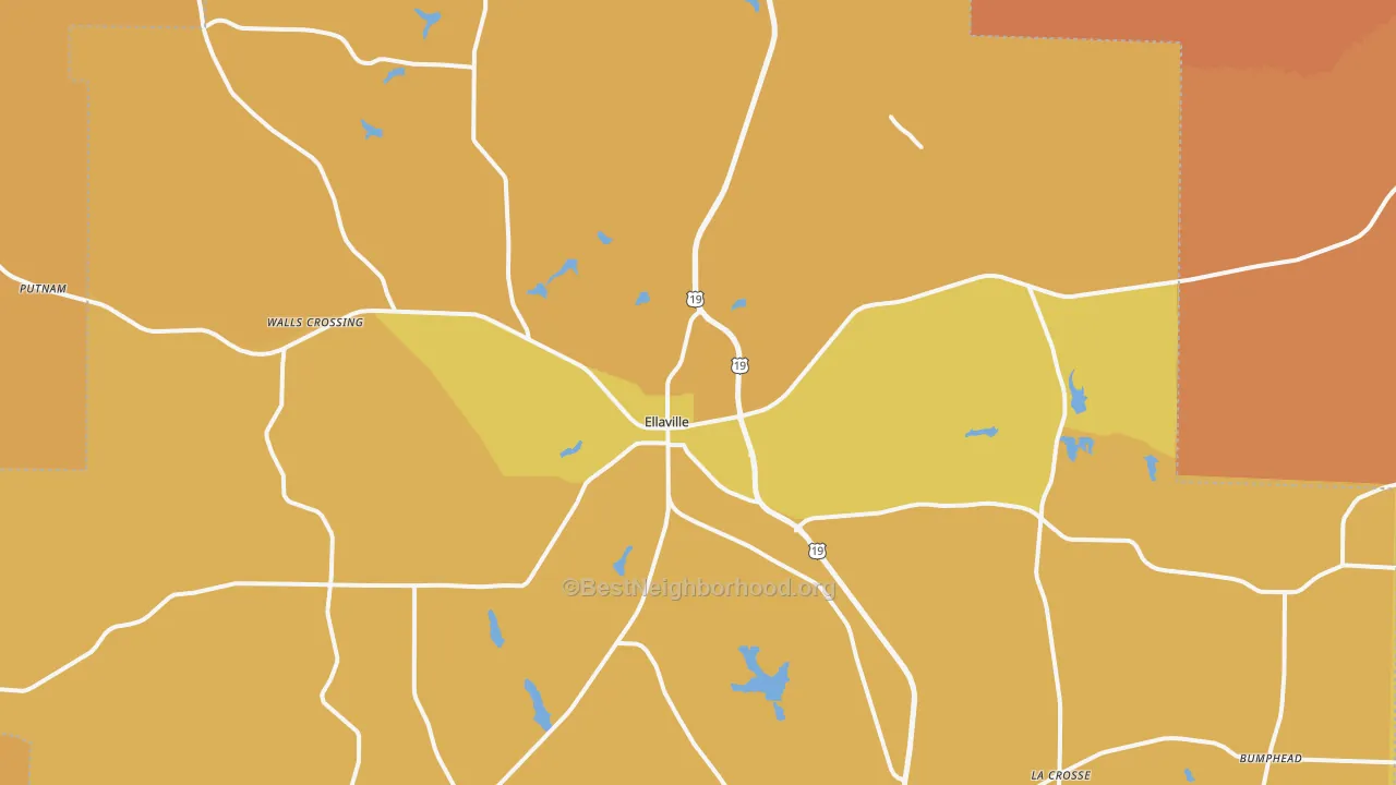 Map of the best neighborhoods in the 31806 area, with better matches in green and worse matches in red