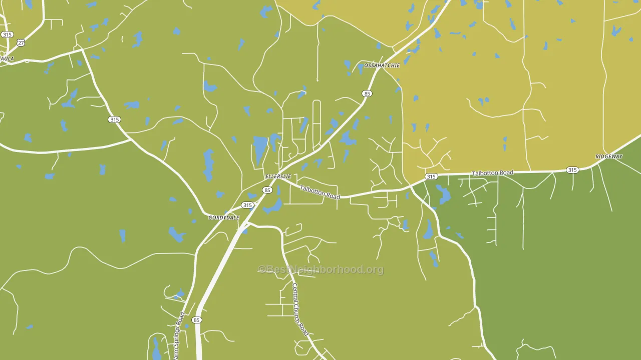Map of the best neighborhoods in the 31807 area, with better matches in green and worse matches in red