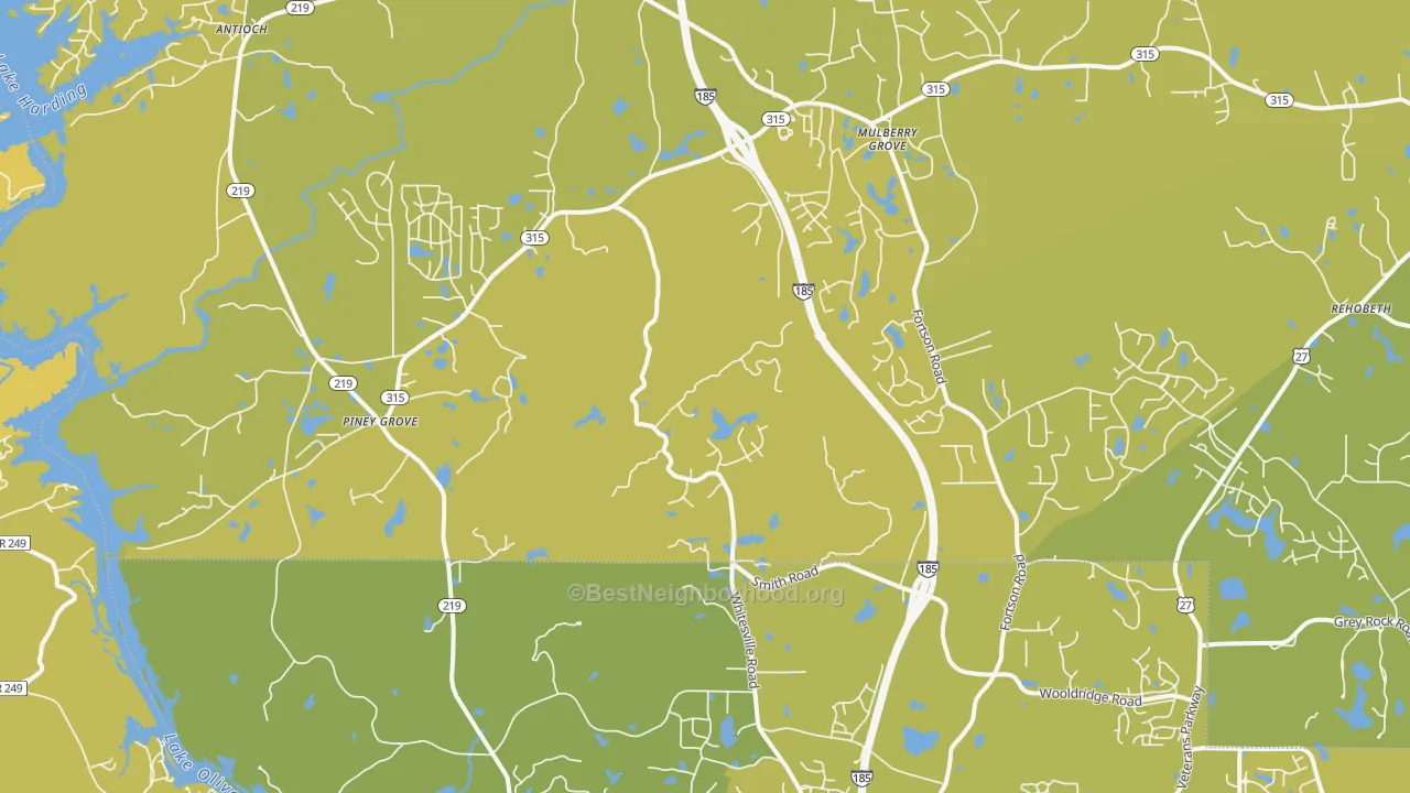 Map of the best neighborhoods in the 31808 area, with better matches in green and worse matches in red
