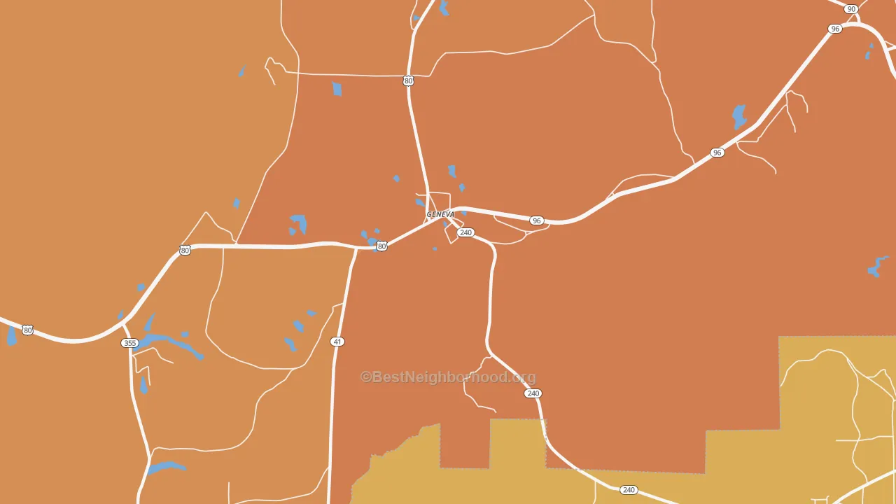 Map of the best neighborhoods in the 31810 area, with better matches in green and worse matches in red