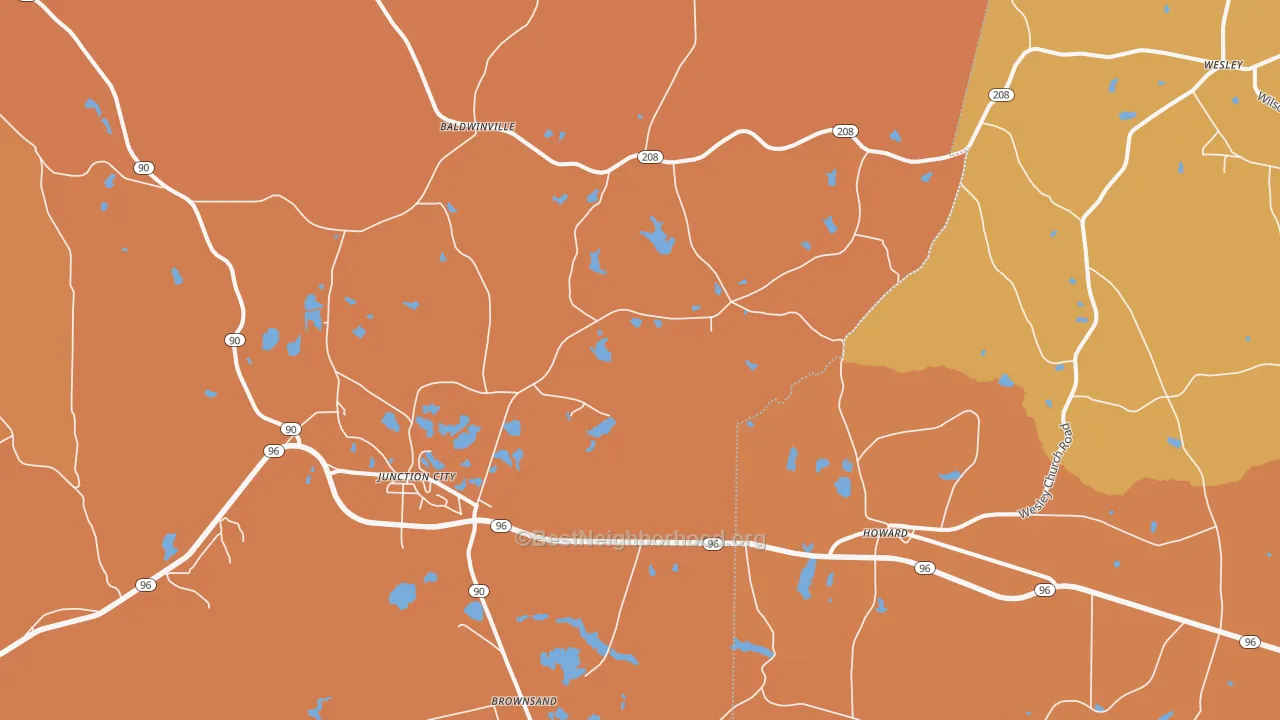 Map of the best neighborhoods in the 31812 area, with better matches in green and worse matches in red