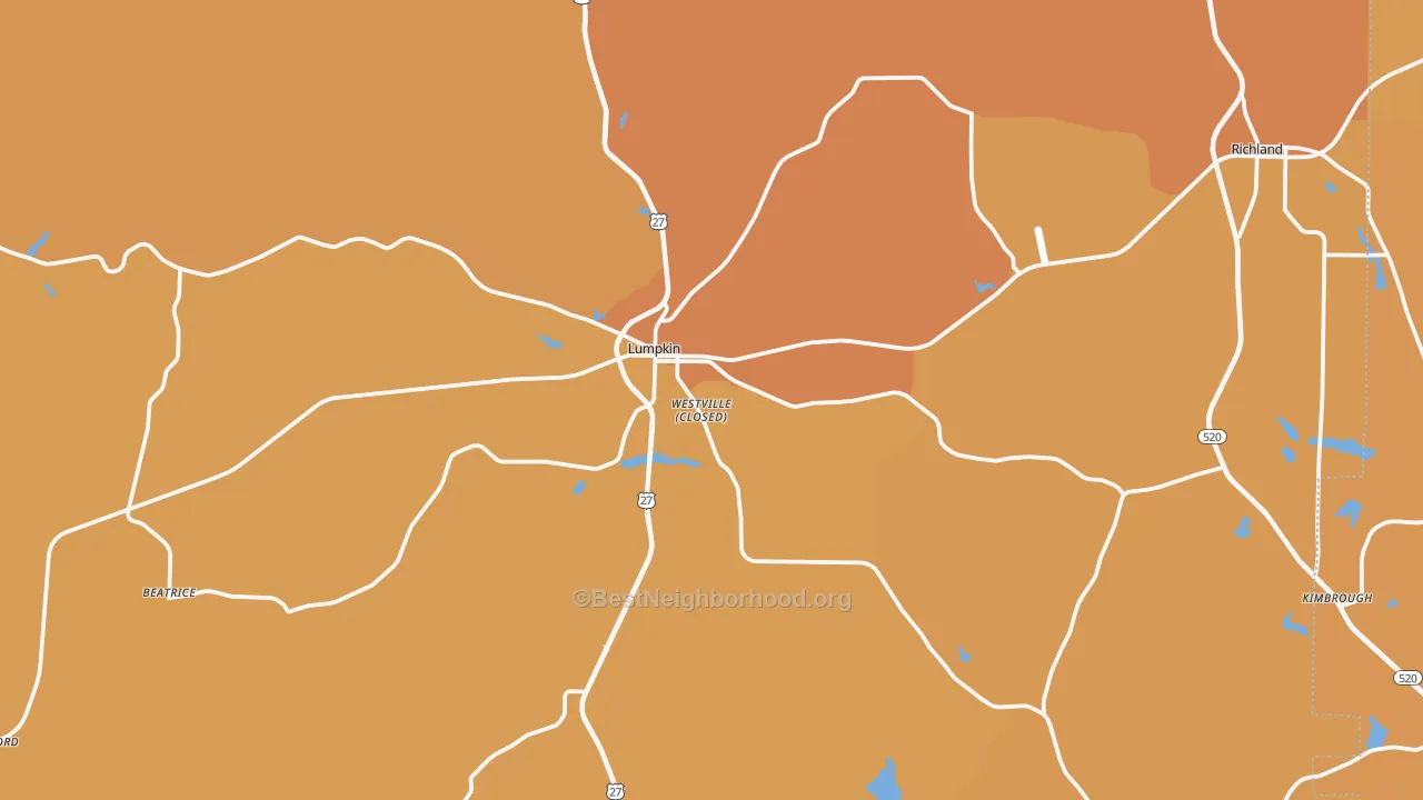 Map of the best neighborhoods in the 31815 area, with better matches in green and worse matches in red