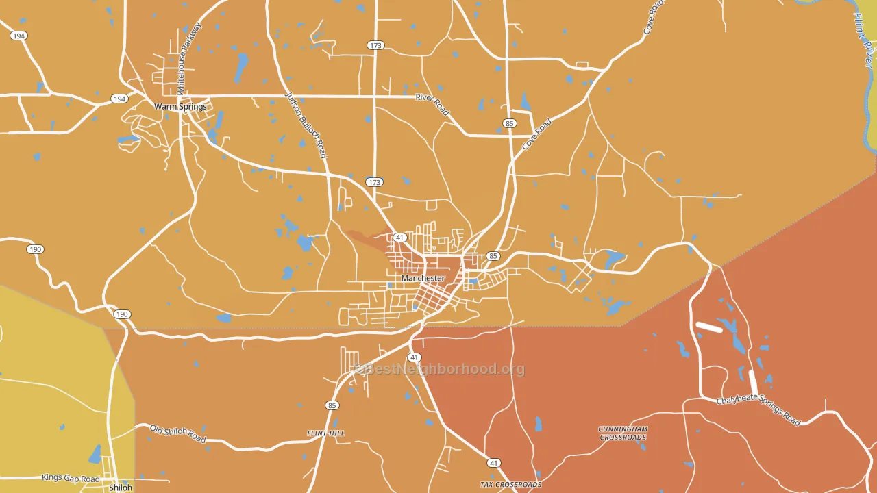 Map of the best neighborhoods in the 31816 area, with better matches in green and worse matches in red