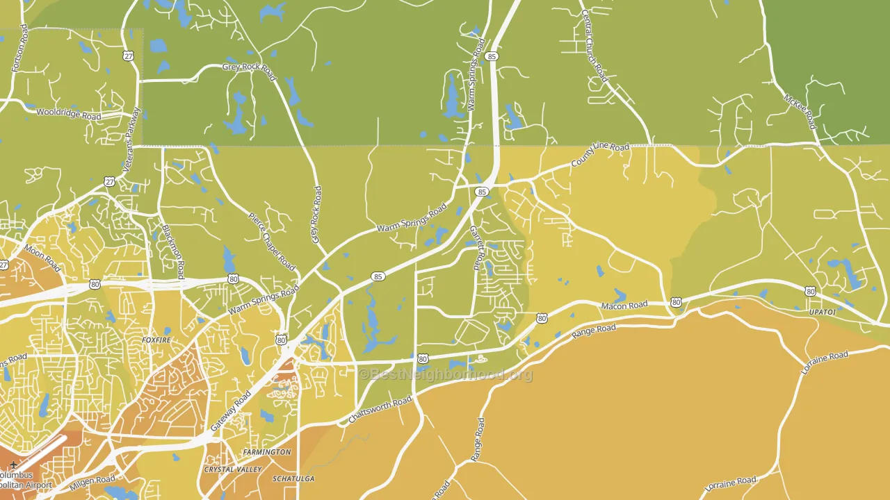 Map of the best neighborhoods in the 31820 area, with better matches in green and worse matches in red