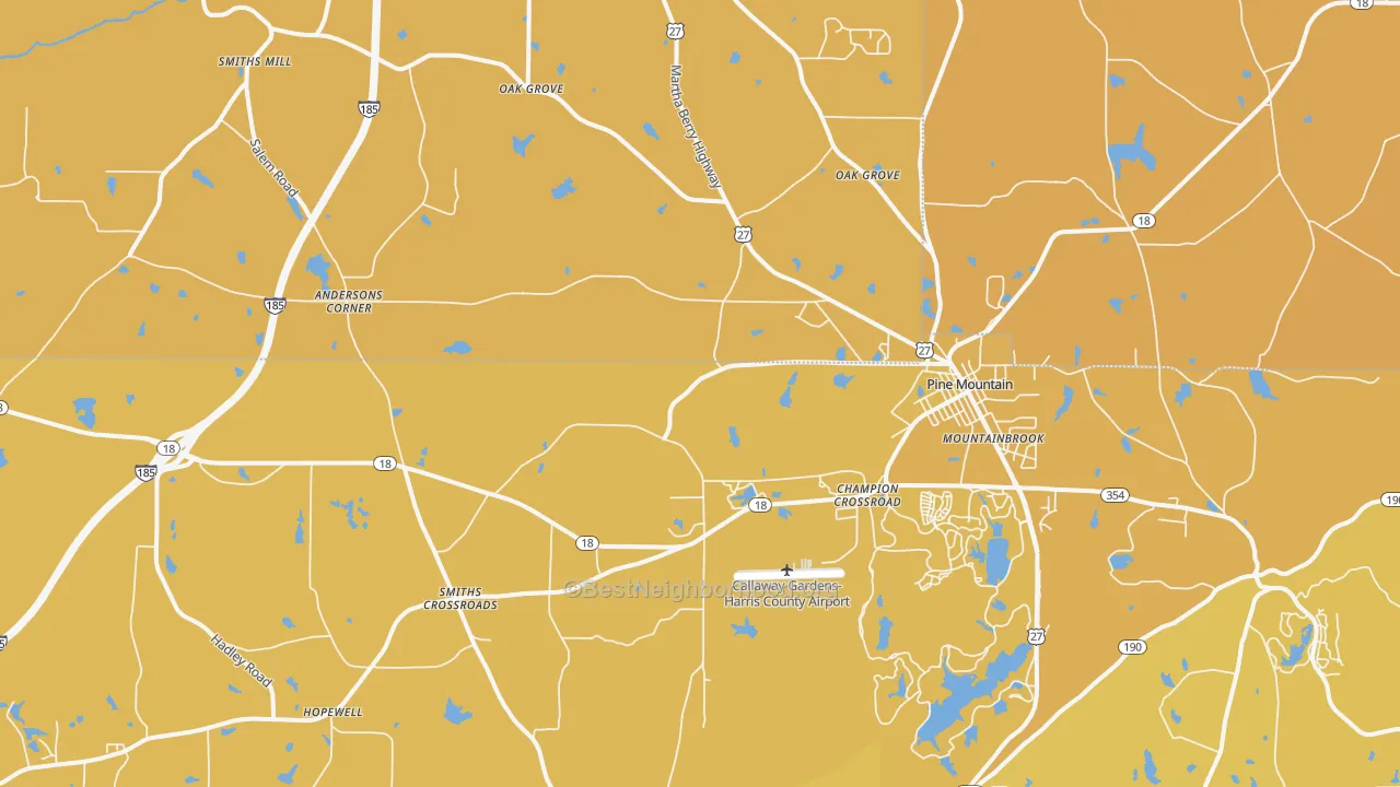 Map of the best neighborhoods in the 31822 area, with better matches in green and worse matches in red