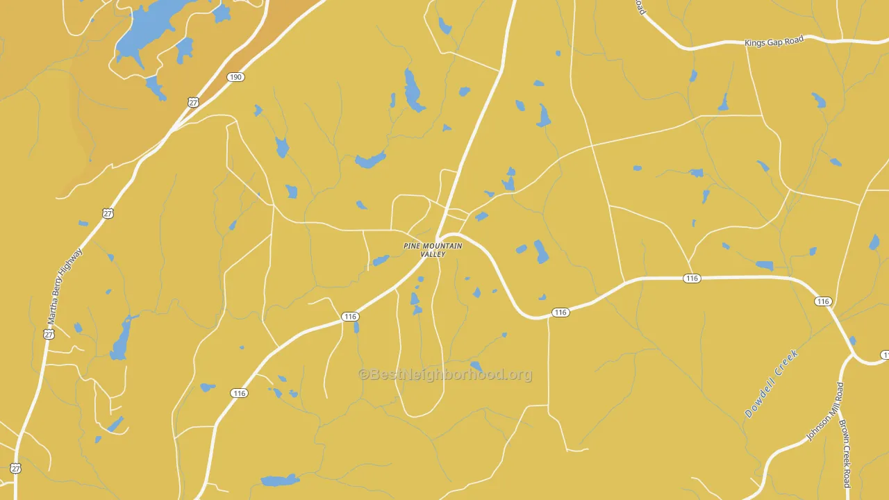 Map of the best neighborhoods in the 31823 area, with better matches in green and worse matches in red