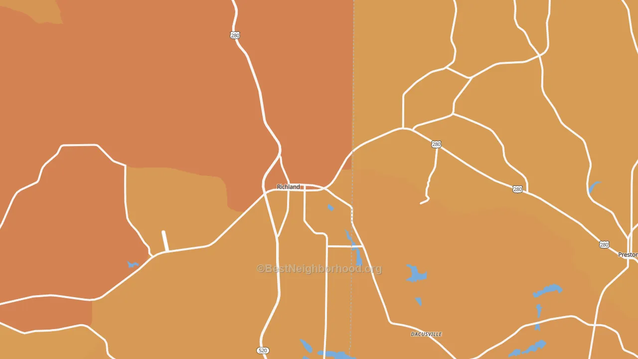 Map of the best neighborhoods in the 31825 area, with better matches in green and worse matches in red