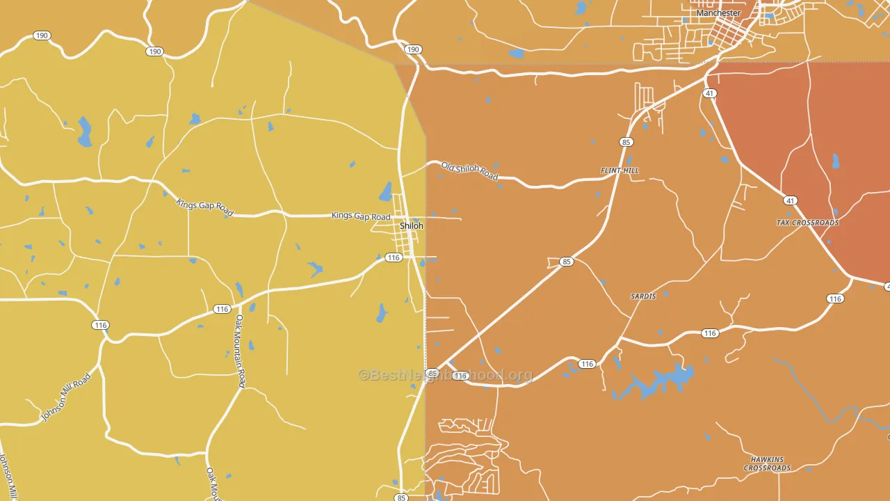 Map of the best neighborhoods in the 31826 area, with better matches in green and worse matches in red