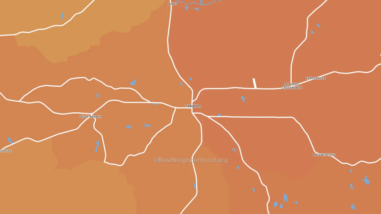 Map of the best neighborhoods in the 31827 area, with better matches in green and worse matches in red