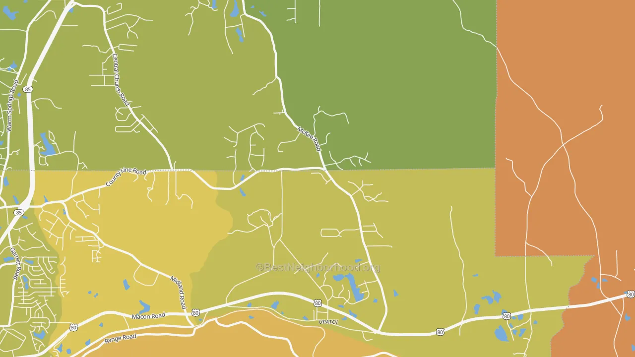 Map of the best neighborhoods in the 31829 area, with better matches in green and worse matches in red