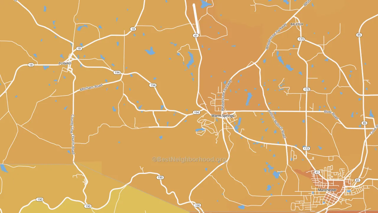 Map of the best neighborhoods in the 31830 area, with better matches in green and worse matches in red