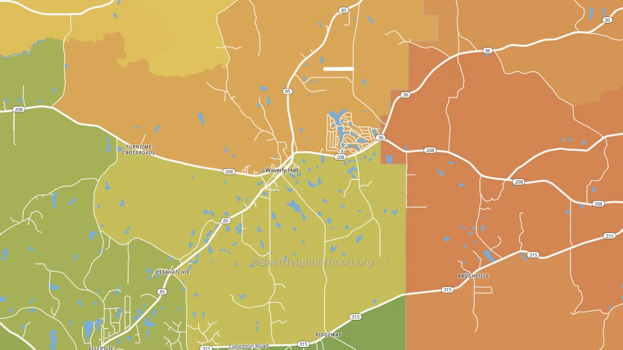 Map of the best neighborhoods in the 31831 area, with better matches in green and worse matches in red