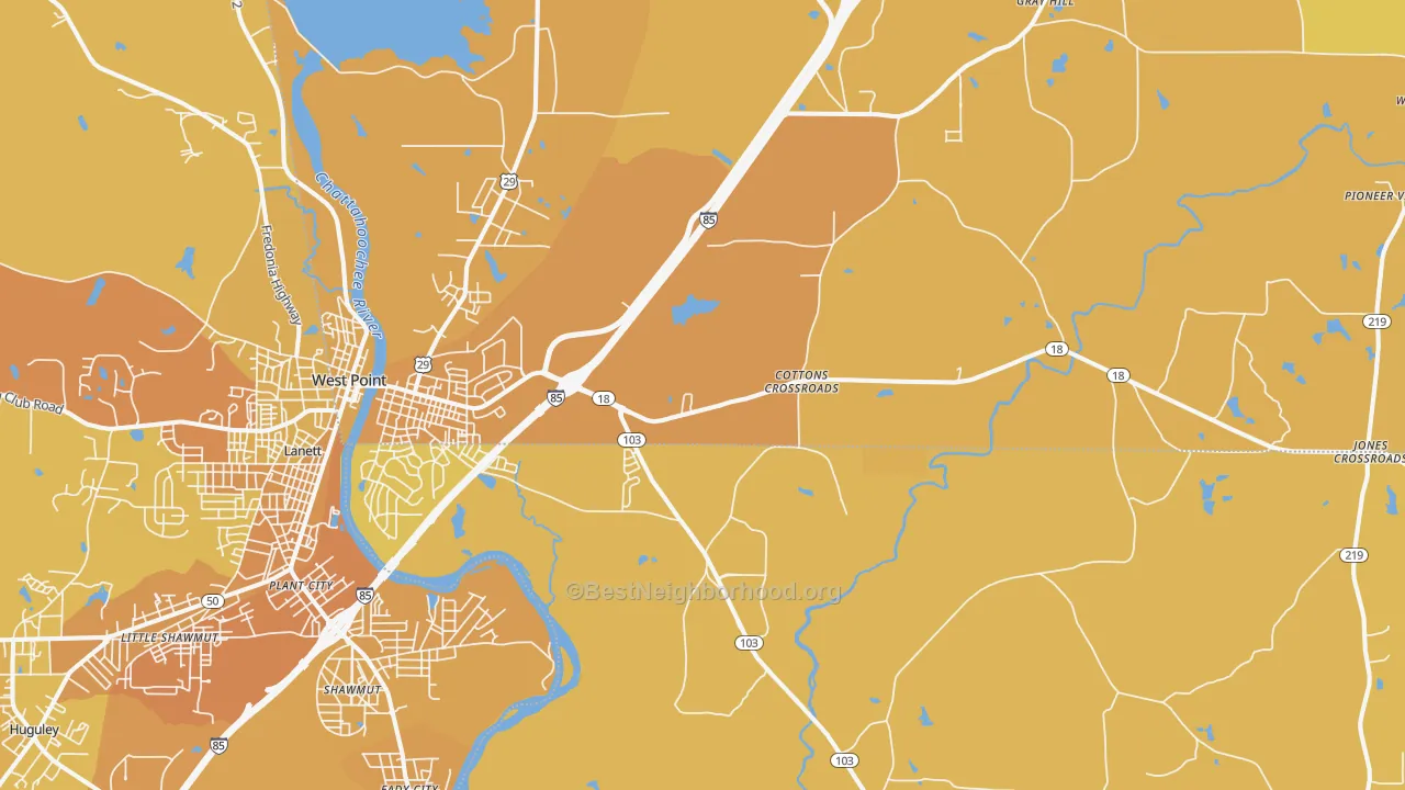 Map of the best neighborhoods in the 31833 area, with better matches in green and worse matches in red
