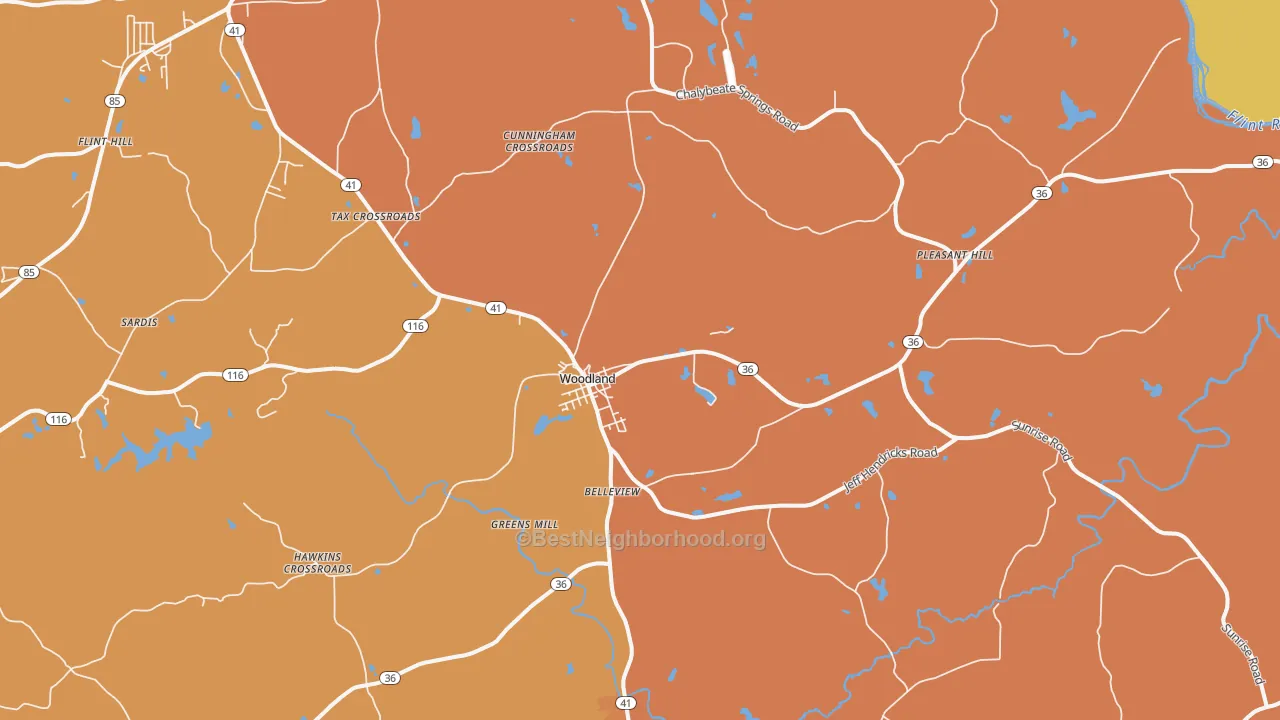 Map of the best neighborhoods in the 31836 area, with better matches in green and worse matches in red
