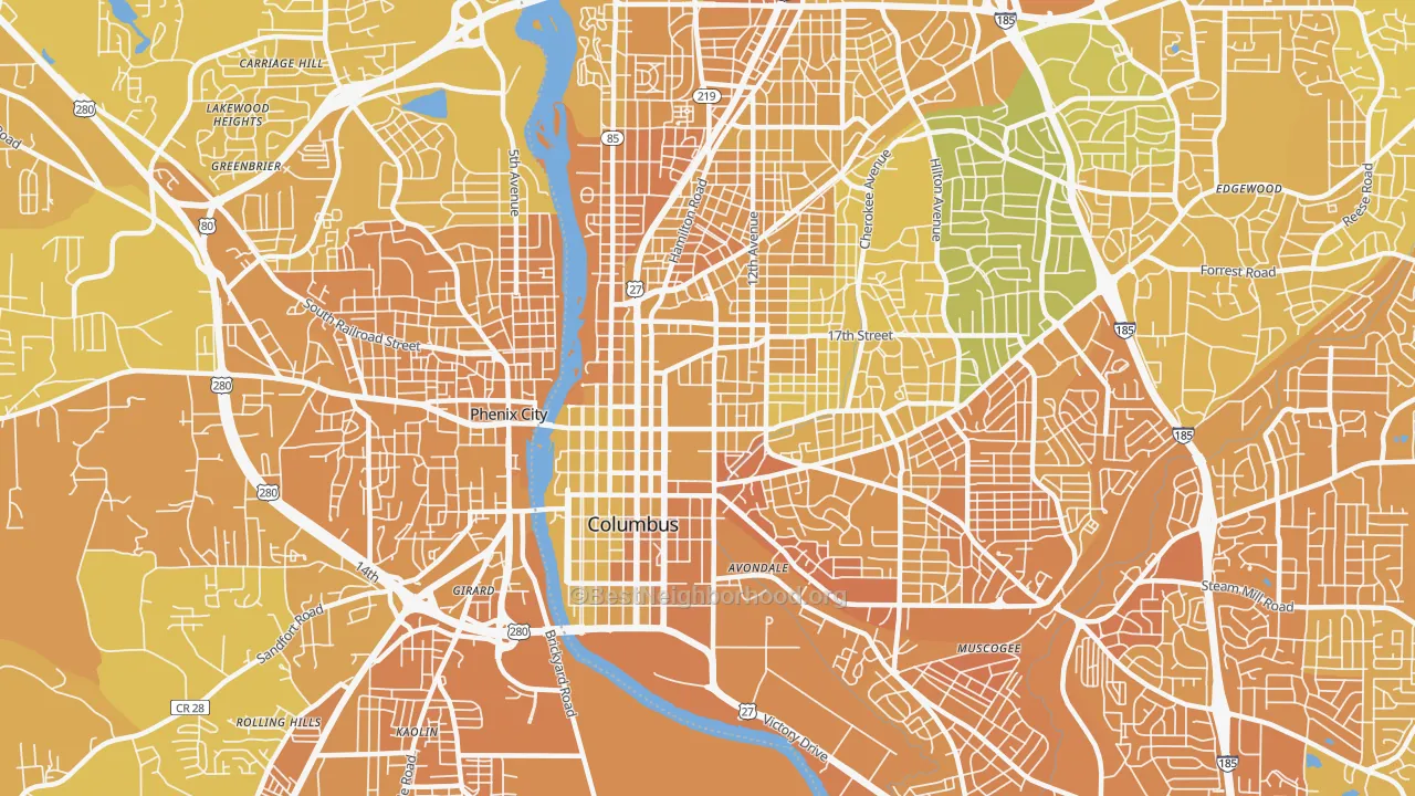 Map of the best neighborhoods in the 31901 area, with better matches in green and worse matches in red