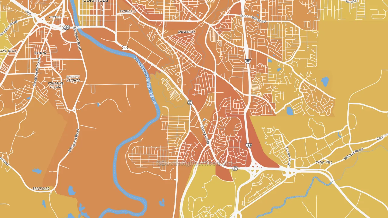 Map of the best neighborhoods in the 31903 area, with better matches in green and worse matches in red