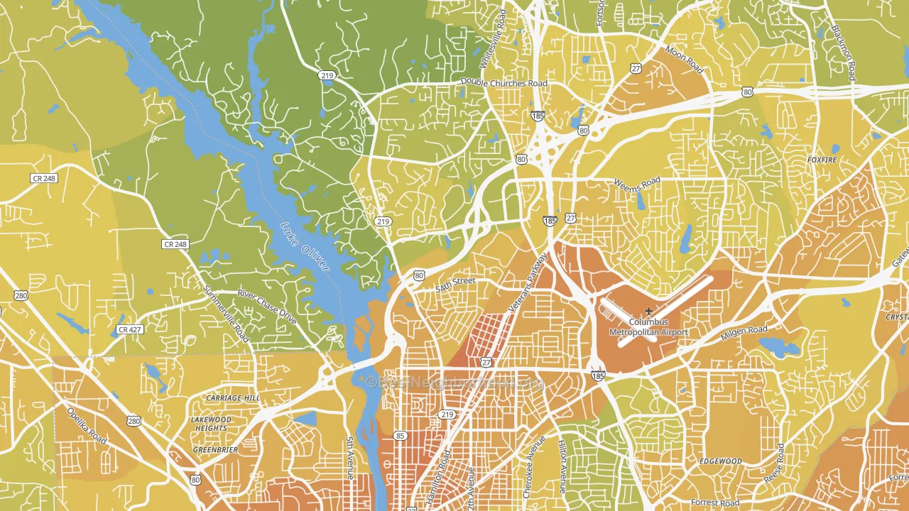 Map of the best neighborhoods in the 31904 area, with better matches in green and worse matches in red