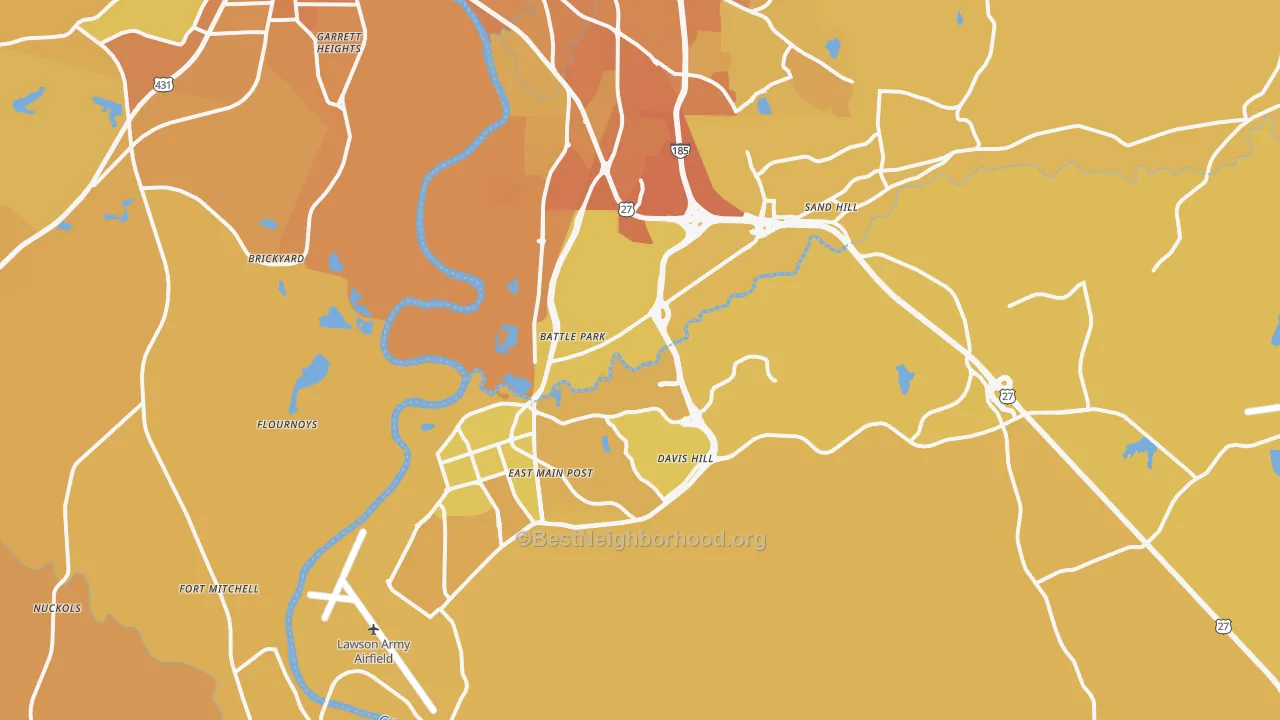 Map of the best neighborhoods in the 31905 area, with better matches in green and worse matches in red