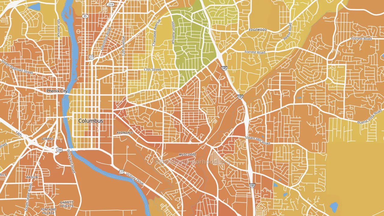 Map of the best neighborhoods in the 31906 area, with better matches in green and worse matches in red