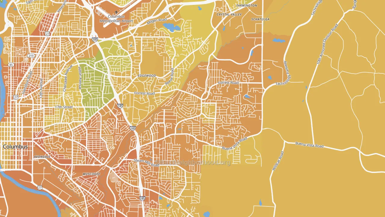 Map of the best neighborhoods in the 31907 area, with better matches in green and worse matches in red