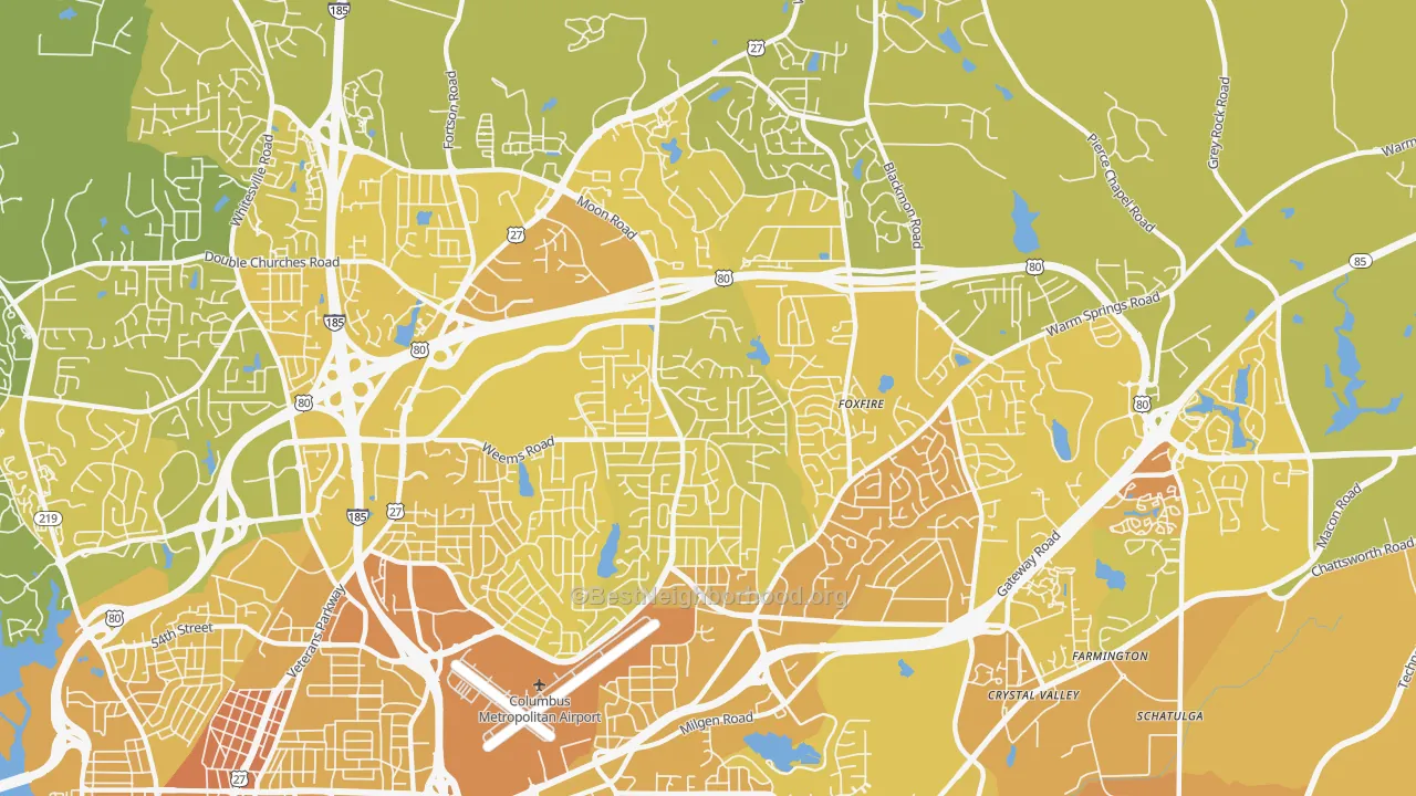 Map of the best neighborhoods in the 31909 area, with better matches in green and worse matches in red