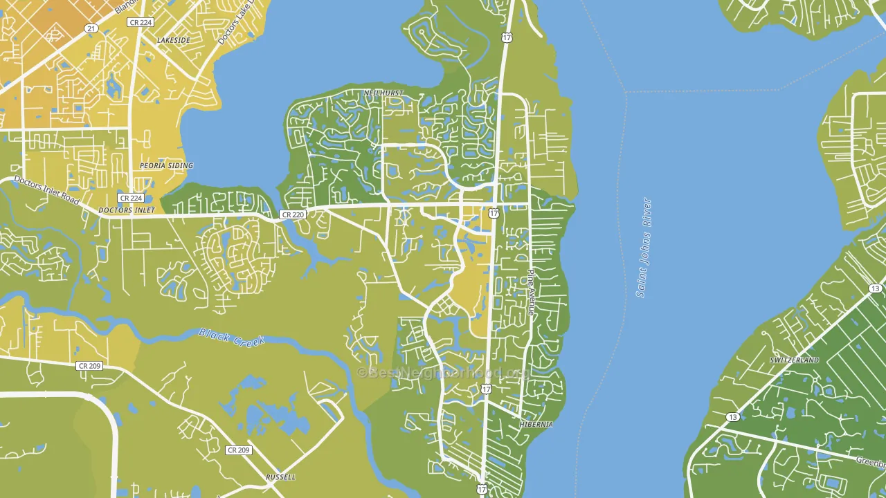 Map of the best neighborhoods in the 32003 area, with better matches in green and worse matches in red