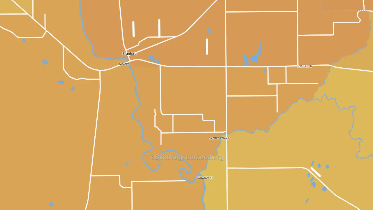 Map of the best neighborhoods in the 32008 area, with better matches in green and worse matches in red