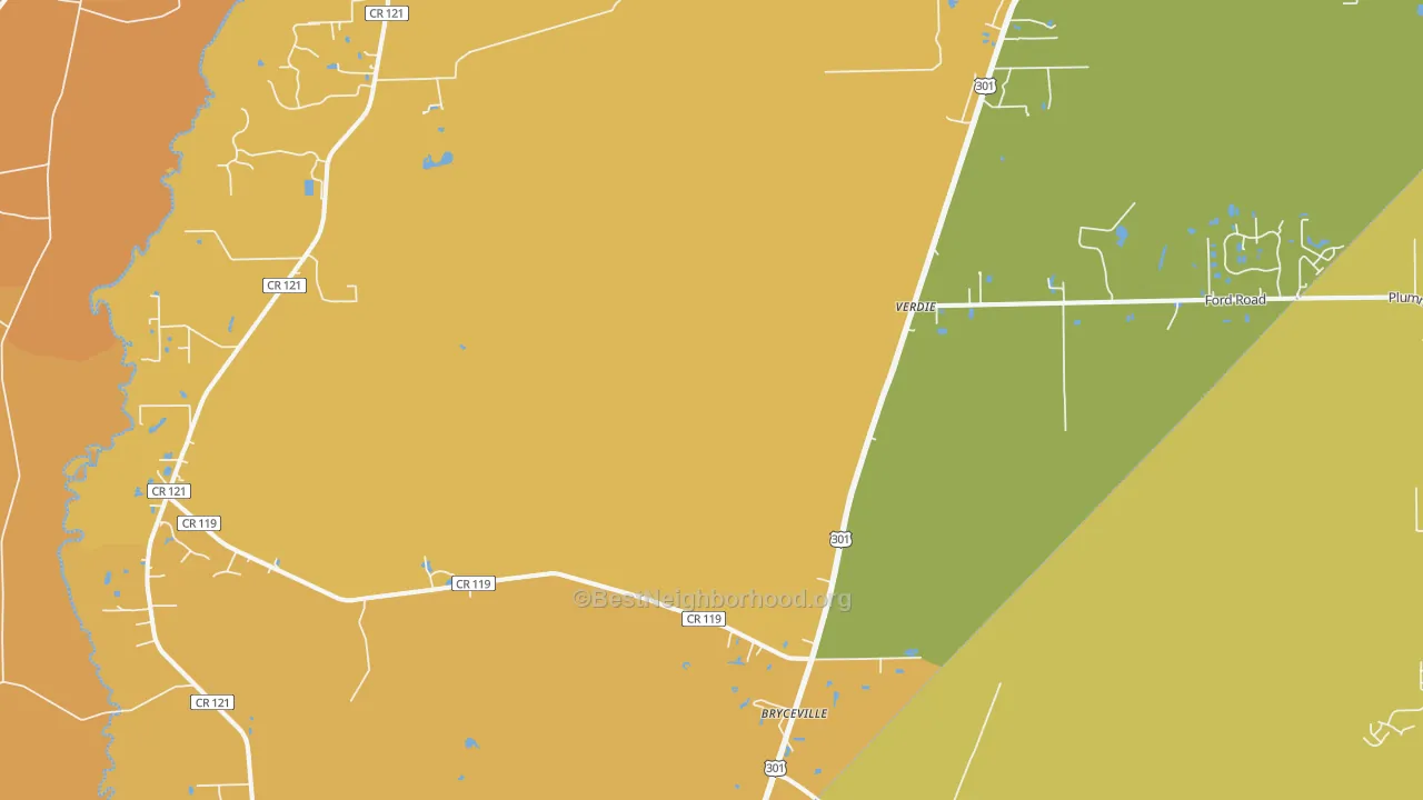 Map of the best neighborhoods in the 32009 area, with better matches in green and worse matches in red
