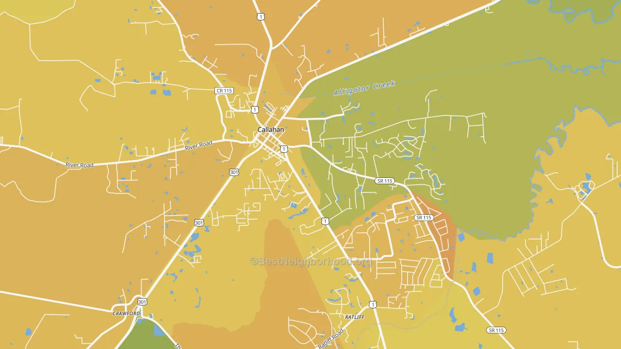 Map of the best neighborhoods in the 32011 area, with better matches in green and worse matches in red
