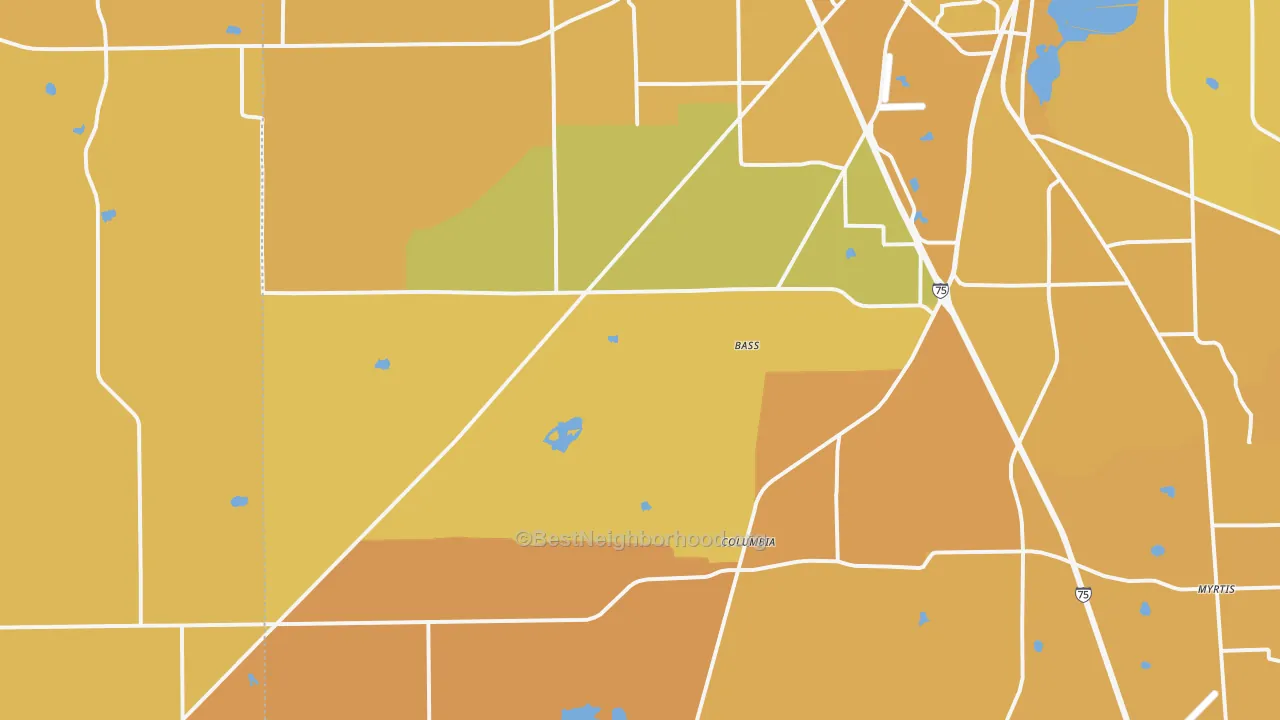 Map of the best neighborhoods in the 32024 area, with better matches in green and worse matches in red