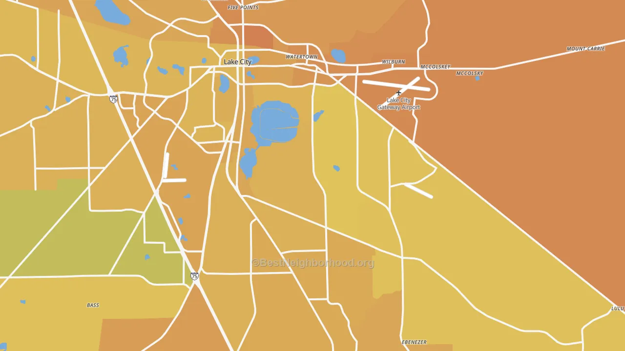 Map of the best neighborhoods in the 32025 area, with better matches in green and worse matches in red