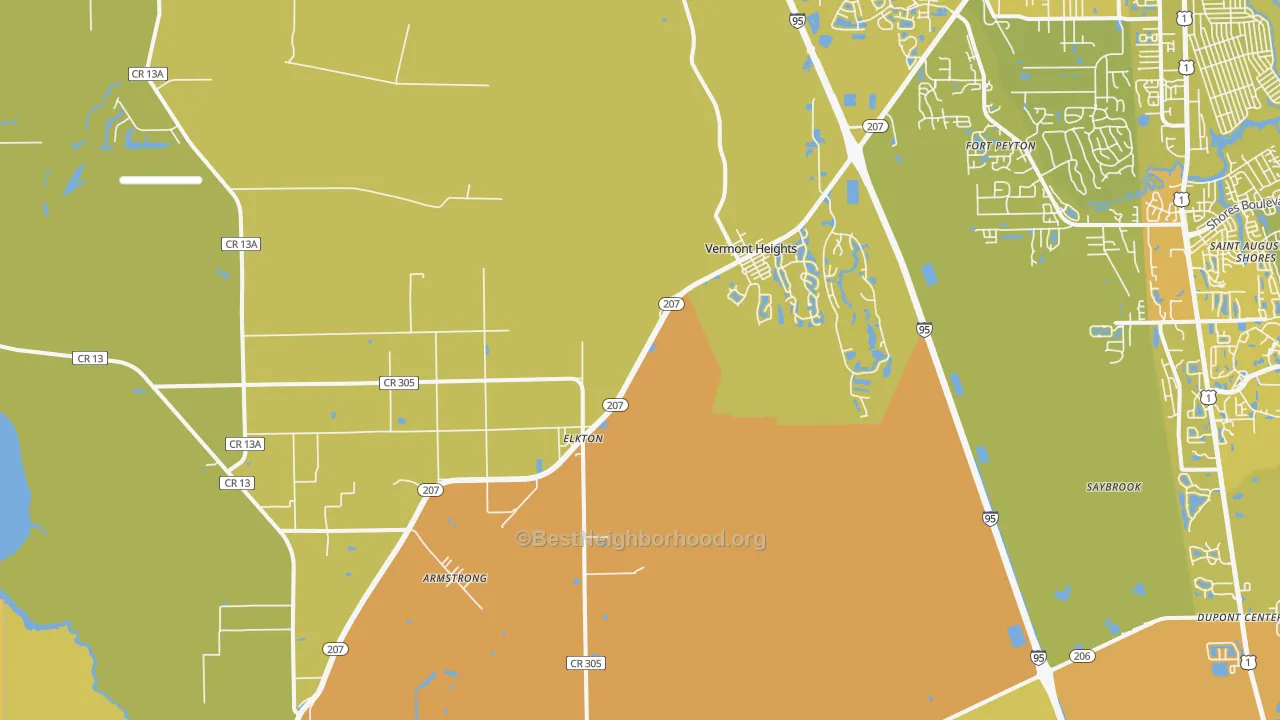 Map of the best neighborhoods in the 32033 area, with better matches in green and worse matches in red