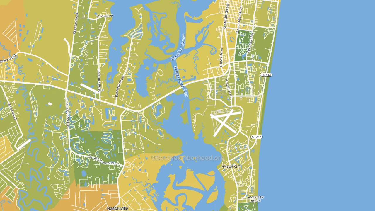 Map of the best neighborhoods in the 32034 area, with better matches in green and worse matches in red