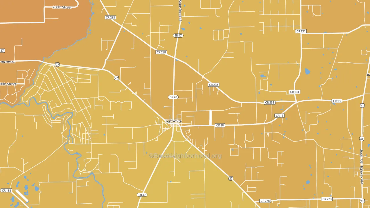 Map of the best neighborhoods in the 32038 area, with better matches in green and worse matches in red
